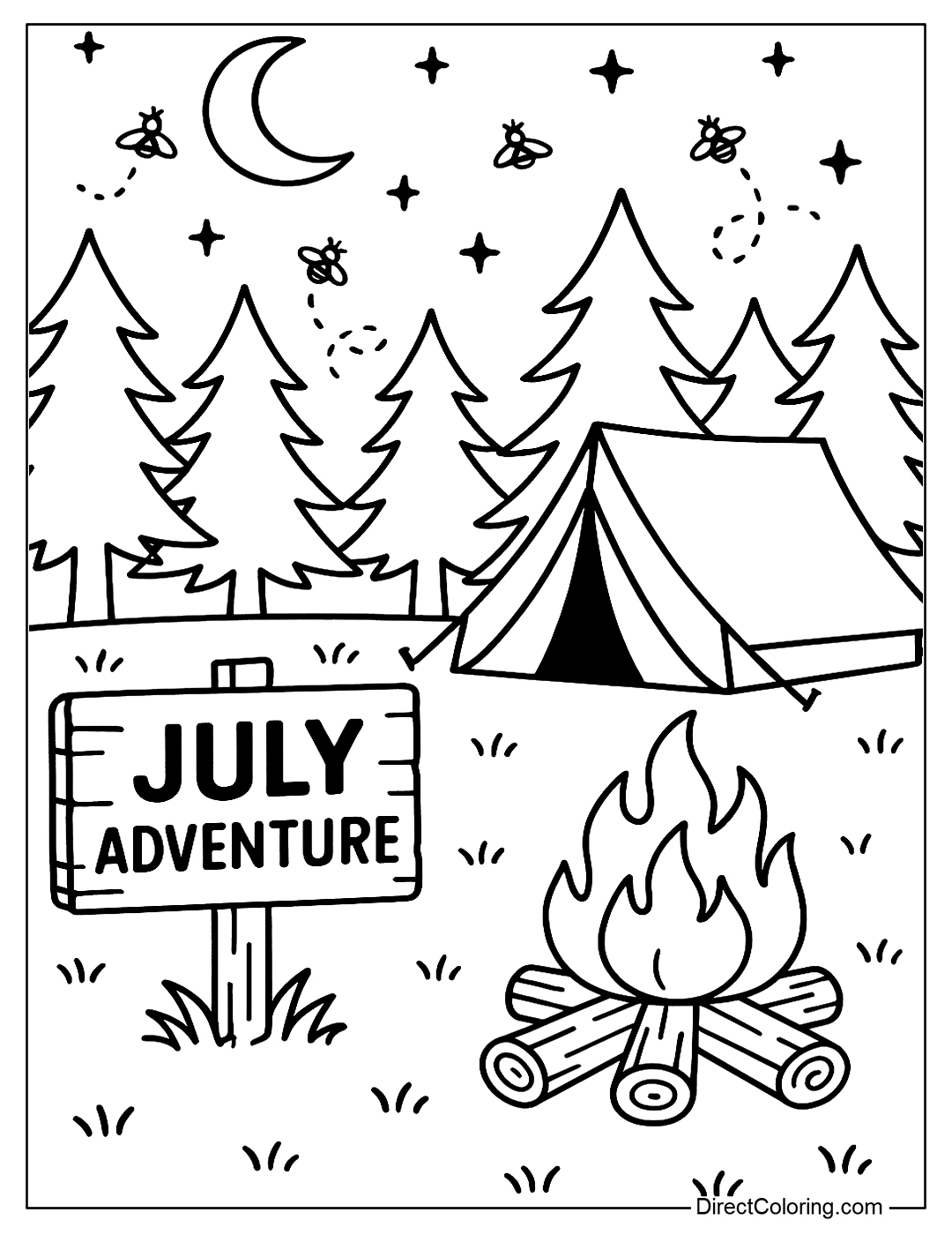 A coloring page of a camping scene in the woods with a campfire, tents, fireflies, and a wooden sign that says 